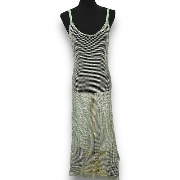 New Free People Sheer Open Weave Slip Maxi Dress Green Rhinestone Boho Beach - Picture 8 of 16